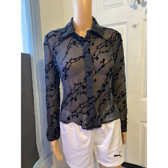 Express Burnout Velvet SilkRayon ButtonShirt Women 5/6 BlackSheer Whimsigoth Y2K - Picture 11 of 11